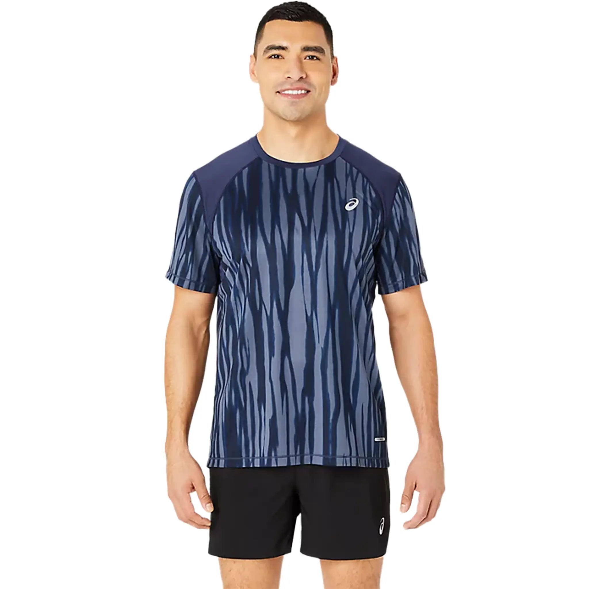 Front View of Asics Road All Over Men’s S/S Navy T Shirt 2011D092-400